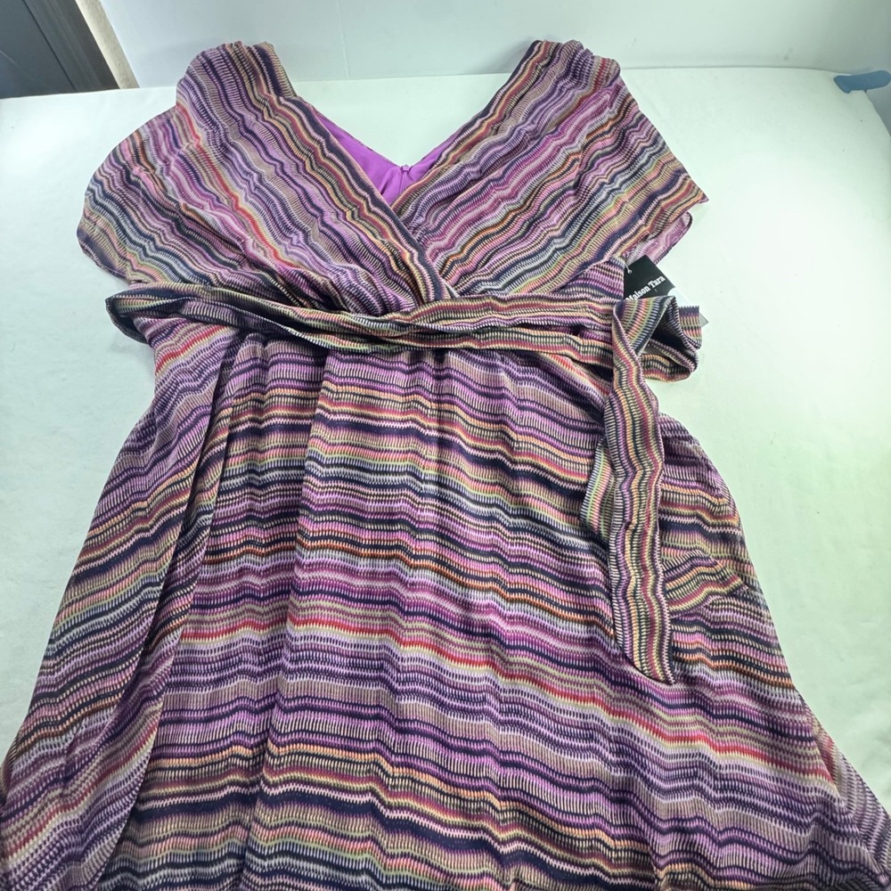 Maison Tara Wrap Dress‎ Purple Pink Multicolor Zigzag Stripe 3/4 Sleeve Lined L